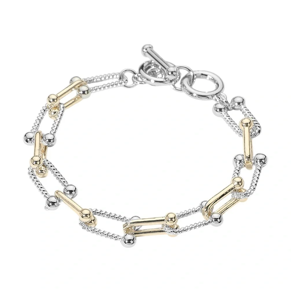 Two Tone 14KGP Hardware Link Toggle Bracelet - Picture 2 of 3